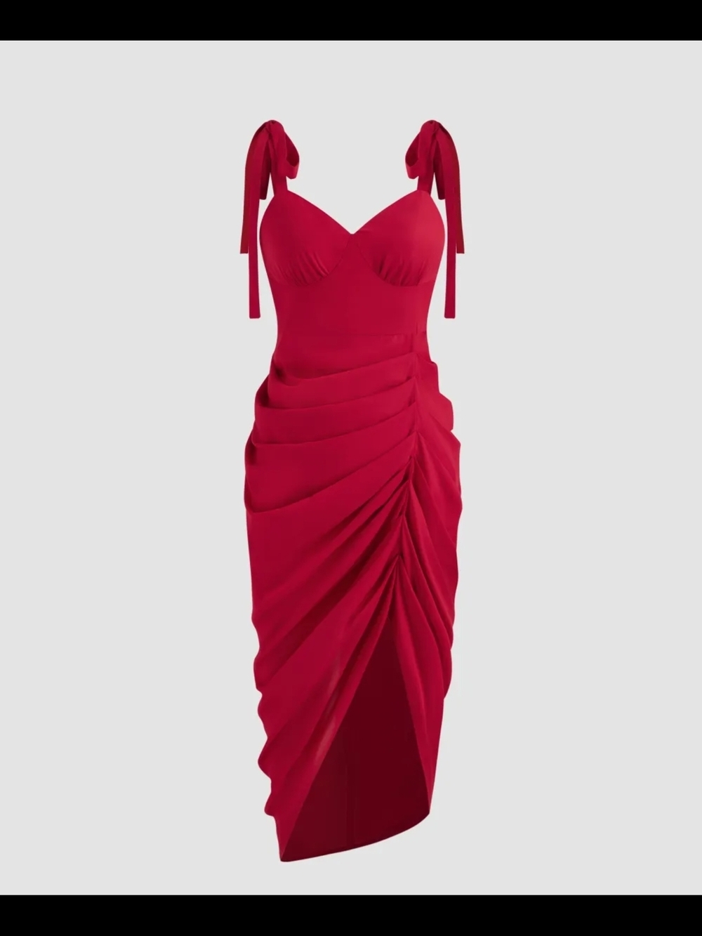 Tie-Shoulder Ruched Midi Dress in Bold Red